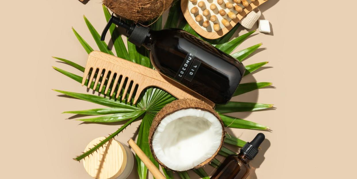 spa coconut products flat lay,face,body and hair organic treatment concept,romania