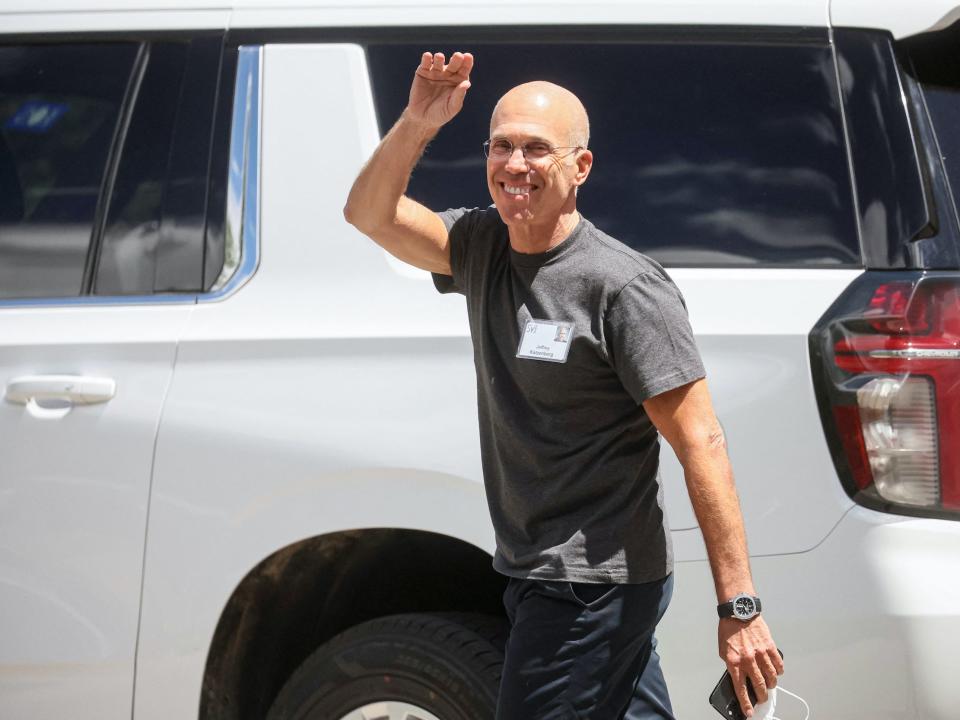 Jeffrey Katzenberg waves while walking at Sun Valley conference