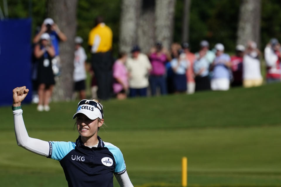 Nelly Korda of the U.S. celebrates after winning the KPMG Women's PGA Championship golf tournament, Sunday, June 27, 2021, in Johns Creek, Ga. (AP Photo/John Bazemore)