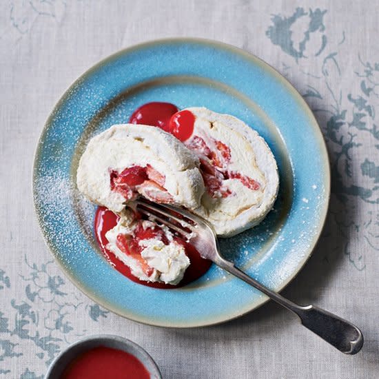 Strawberry Meringue Roulade with Raspberry Sauce