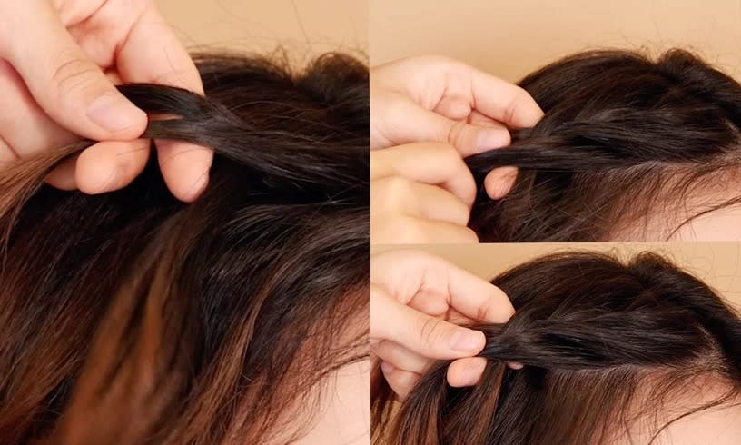 一手捏住綁點，一手將髮絲往上抽鬆。圖片來源：Beauty美人圈