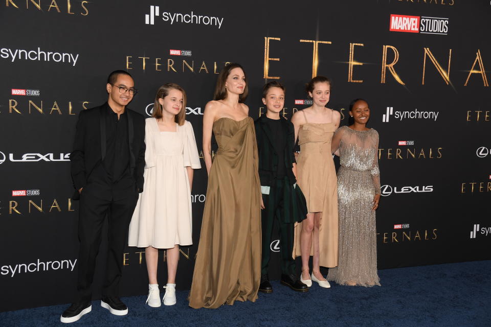 Angelina Jolie and family at Marvel's 'The Eternals' Premiere at the El Capitan Theatre on October 18, 2021 in Los Angeles, California. (Photo by Michael Buckner/Variety/Penske Media via Getty Images)