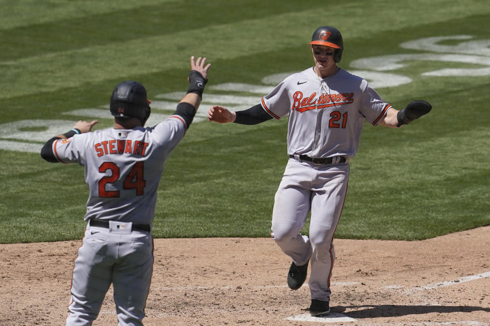 Baltimore Orioles' DJ Stewart (24) and Austin Hays (21) celebrate after both scored on a two-run single by Trey Mancini during the fifth inning of a baseball game against the Oakland Athletics in Oakland, Calif., Sunday, May 2, 2021. (AP Photo/Jeff Chiu)