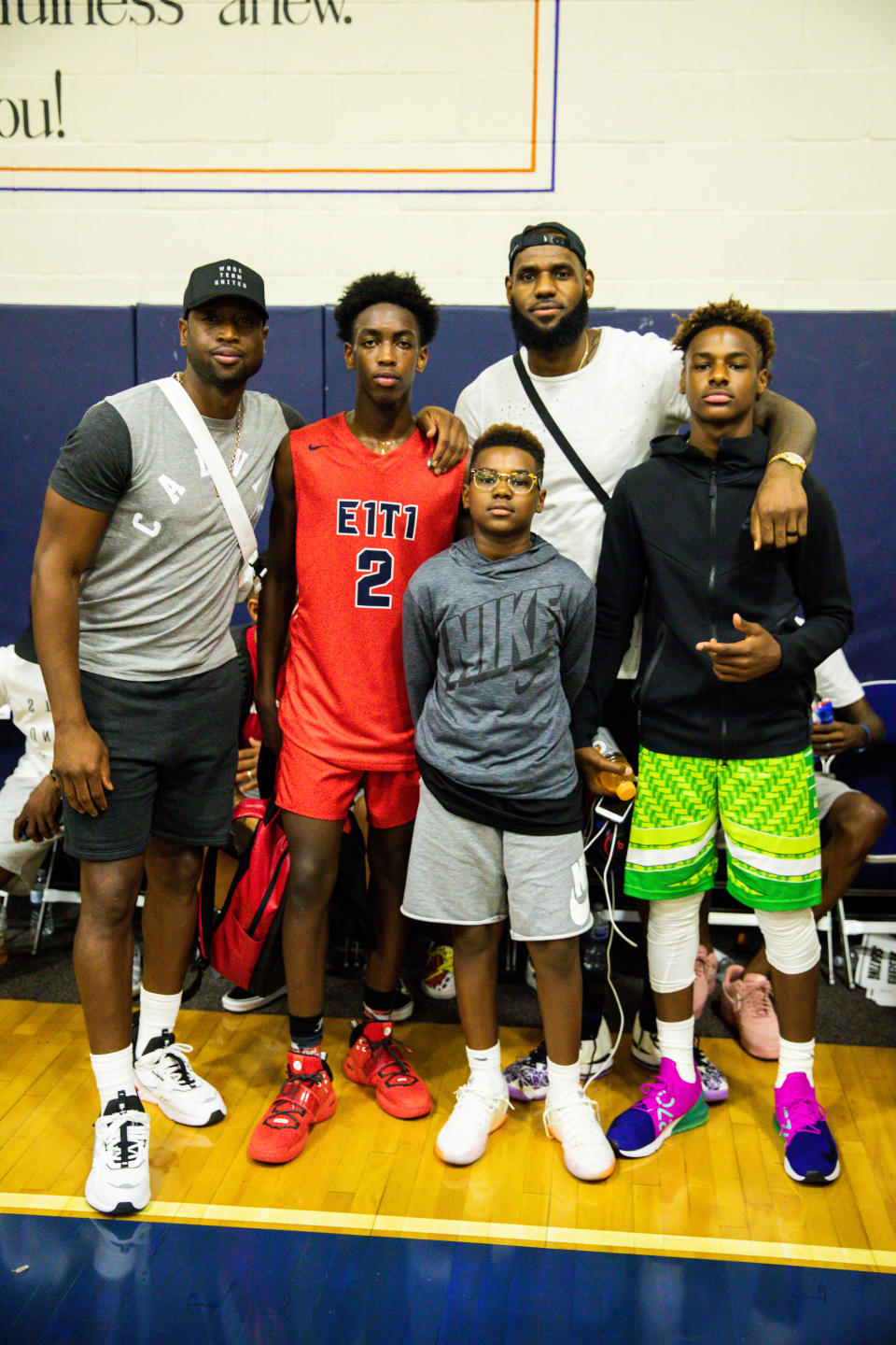 LAS VEGAS, NV - JULY 26:  (L-R) Dwyane Wade, Zaire Wade, Bryce Maximus James, LeBron James Sr and LeBron James Jr. pose together after Zaire Wade’s AAU game at the Fab 48 tournament at Bishop Gorman High School on July 26, 2018 in Las Vegas, Nevada.  (Photo by Cassy Athena/Getty Images)