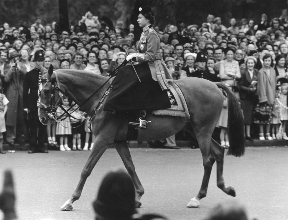 <p>Months after ascending to the throne, Queen Elizabeth rides her horse Winston in the ceremony. </p>