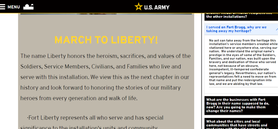 A new section on Fort Bragg's website addresses commonly asked questions about the Fort Liberty name change.