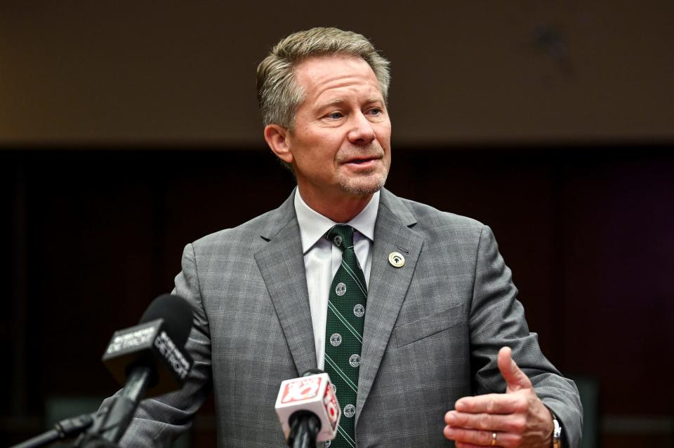 Michigan State University President-Elect Kevin Guskiewicz talks to the media on Monday, Dec. 11, 2023, at the Hannah Administration Building in East Lansing.