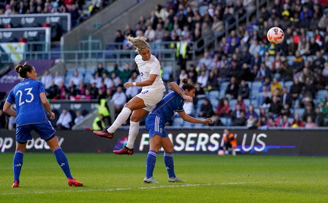 Daly gets the first of her two goals in England's Arnold Clark Cup victory against Italy in Coventry (Tim Goode/PA)