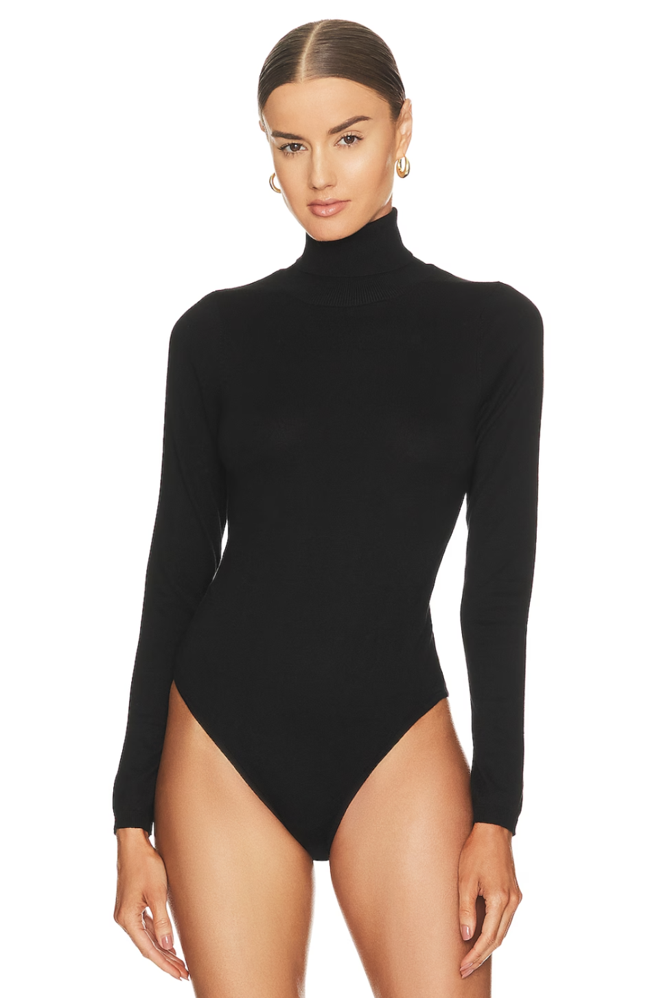 model wearing black turtleneck bodysuit