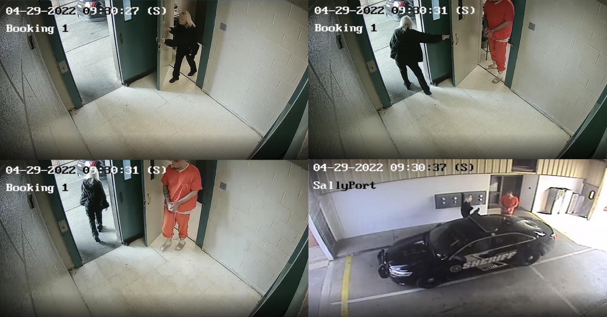 Four images taken from surveillance video show Vicky White leading Casey White out of jail.