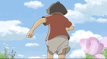 Anime children running through a meadow and laughing