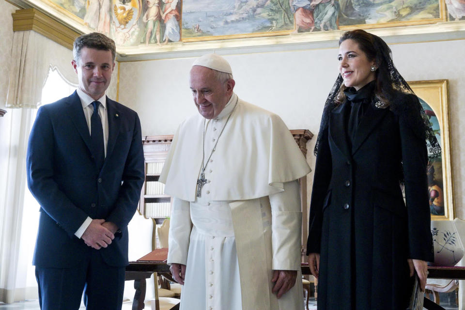 Pope Francis walks with Danish Crown Prince Frederik, left, and his wife Crown Princess Mary, on the occasion of their private audience, at the Vatican, Thursday, Nov. 8, 2018. (Angelo Carconi/Pool Photo via AP)