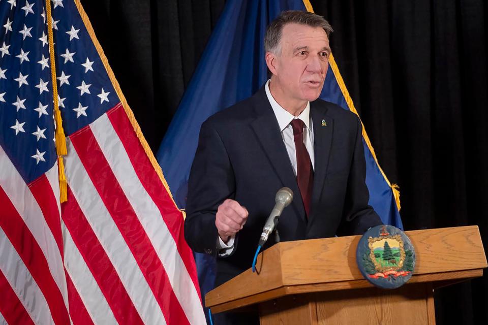 Vermont Gov. Phil Scott delivers his State of the State address remotely from the Pavilion office building, Jan. 5, 2022, in Montpelier, Vt.