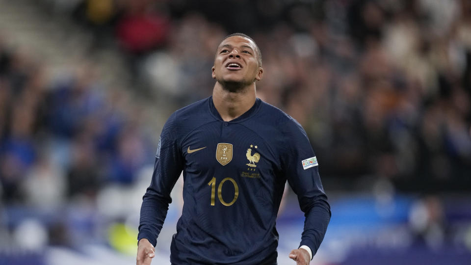 France's Kylian Mbappe reacts after missing a chance to score during the UEFA Nations League soccer match between France and Austria at the Stade de France stadium in Saint Denis, outside Paris, France,Thursday, Sept. 22, 2022. (AP Photo/Christophe Ena)