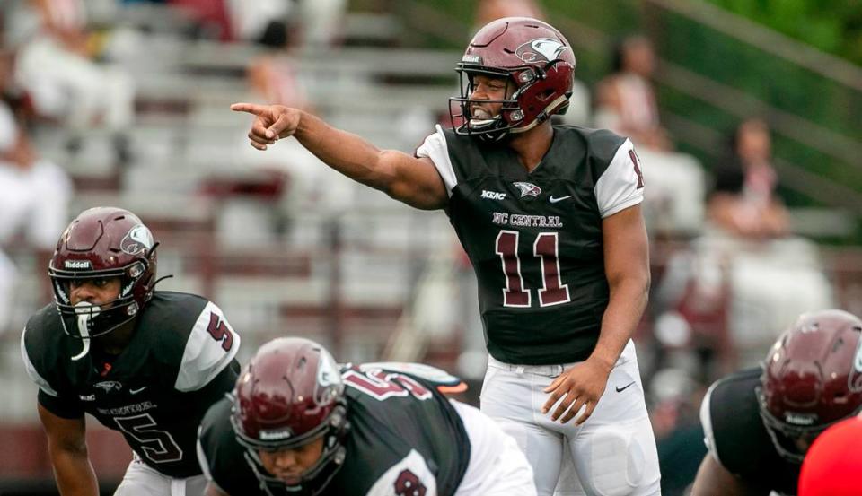 North Carolina Central quarterback Davius Richard (11) directs the offensive unit against Winston-Salem State on Saturday, September 10, 2022 at O’Kelly-Riddick Stadium in Durham, N.C.