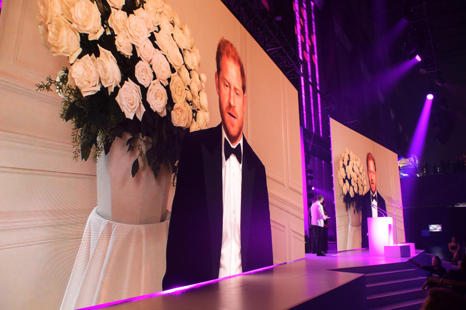 LONDON, ENGLAND - SEPTEMBER 01: Prince Harry, Duke of Sussex, appears via video link  at the 24th GQ Men of the Year Awards in association with BOSS at Tate Modern on September 1, 2021 in London, England.  (Photo by David M. Benett/Dave Benett/Getty Images for Hugo Boss UK)