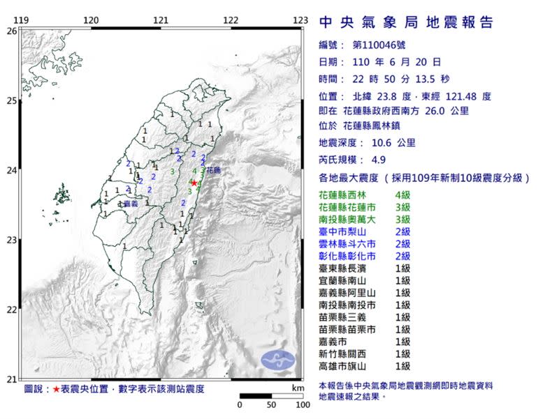  20日晚間22時50分，發生芮氏規模4.9有感地震。（圖／中央氣象局）