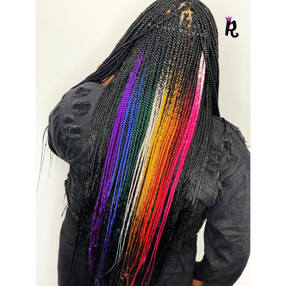 <h1 class="title">rainbow braids</h1><cite class="credit">Instagram/@<a href="https://www.instagram.com/braided__r/" rel="nofollow noopener" target="_blank" data-ylk="slk:braided__r;elm:context_link;itc:0;sec:content-canvas" class="link "><strong>braided__r</strong></a></cite>