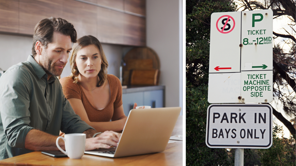 Couple on computer, signs saying parking bay and tickets required. 