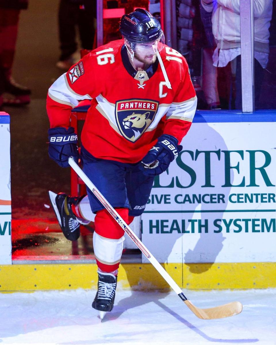 Florida Panthers center Aleksander Barkov (16) comes on to the ice after being named a Game Star and defeating the Vancouver Canucks 5-2 during an NHL game at FLA Live Arena in Sunrise, Florida, on Tuesday, January 11, 2022.