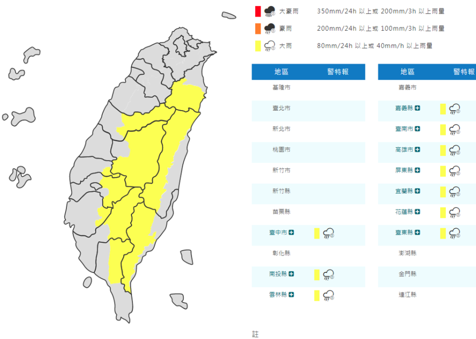 氣象署發布大雨特報。（翻攝自氣象署）