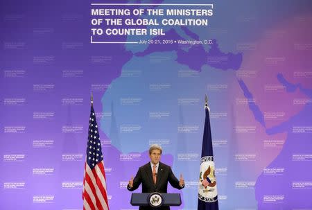 U.S. Secretary of State John Kerry speaks at a press briefing after a "Meeting of the Ministers of the Global Coalition to Counter ISIL: Joint Plenary Session" at the State Department in Washington, U.S., July 21, 2016. REUTERS/Joshua Roberts