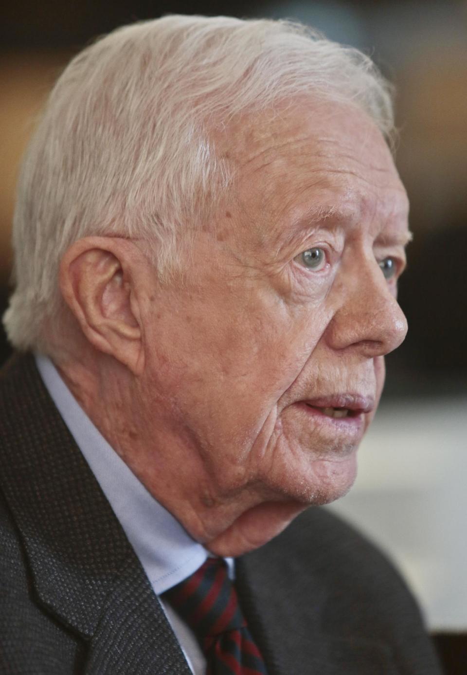 Former U.S. President Jimmy Carter speaks during an interview on Monday March 24, 2014 in New York. Carter said Monday that he doesn't support the Palestinian-led "boycott, divest, sanction" campaign against Israel but said products made in Israel-occupied Palestinian territories should be clearly labeled so buyers can make a choice about them. (AP Photo/Bebeto Matthews)