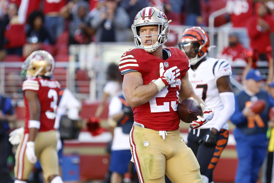 San Francisco 49ers running back Christian McCaffrey (23) reacts after scoring against the Cincinnati Bengals during the second half of an NFL football game in Santa Clara, Calif., Sunday, Oct. 29, 2023. (AP Photo/Josie Lepe)