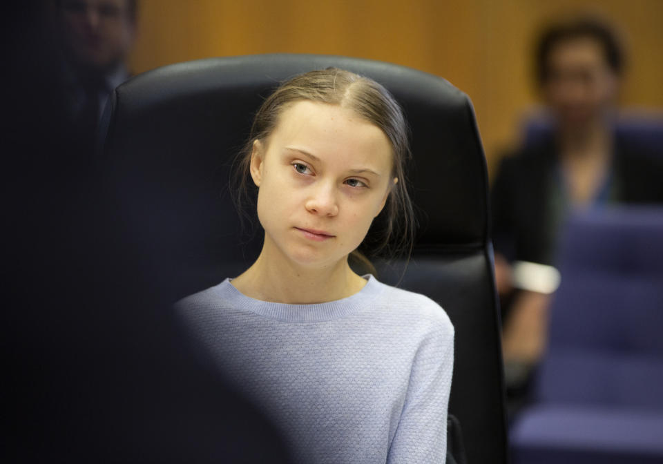 Swedish climate activist Greta Thunberg attends the weekly College of Commissioners meeting at EU headquarters in Brussels, Wednesday, March 4, 2020. European Commission President Ursula von der Leyen, who has put climate change at the top of her priorities and pledged to make Europe the first climate neutral continent by 2050, will present her plans on Wednesday. (AP Photo/Virginia Mayo)