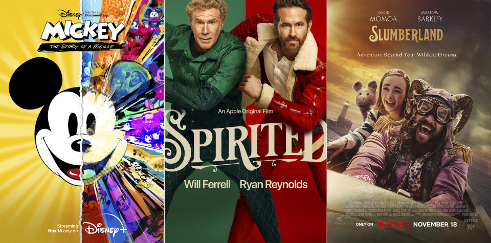 This combination of photos show promotional art for the documentary treatment “Mickey: The Story of a Mouse,” debuting Nov. 18, on Disney+, left, the holiday comedy “Spirited,” a riff on “A Christmas Carol” starring Will Ferrell and Ryan Reynolds, debuting Nov. 18, on Apple TV+., center, and the fantasy adventure film “Slumberland,” debuting Nov. 18 on Netflix. (Disney+/Apple TV+/Netflix via AP)