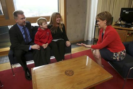 Australian nationals Gregg, Kathryn and Lachlan Brain meet Scotland's First Minister Nicola Sturgeon at Scotland's devolved Parliament in Edinburgh, Scotland, May 26, 2016. REUTERS/Gordon Terris/The Herald/Pool