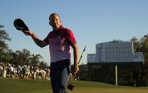 Sergio Garcia of Spain tips his cap as he leaves the 18th green after finishing his third round play during the 2017 Masters golf tournament at Augusta National Golf Club in Augusta, Georgia, U.S., April 8, 2017. REUTERS/Brian Snyder