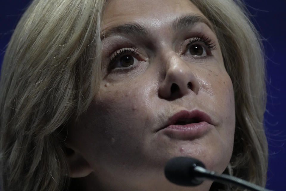 Valerie Pecresse, candidate for the French presidential election 2022, delivers a speech during a meeting in Paris, France, Saturday, Dec. 11, 2021. The first round of the 2022 French presidential election will be held on April 10, 2022 and the second round on April 24, 2022. (AP Photo/Christophe Ena)