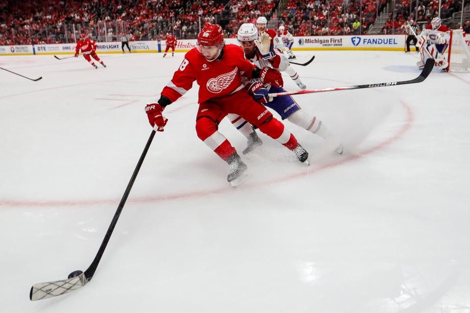 Detroit Red Wings right wing Patrick Kane (88) looks to pass against Montreal Canadiens during third period at Little Caesars Arena in Detroit on Monday, April 15, 2024.