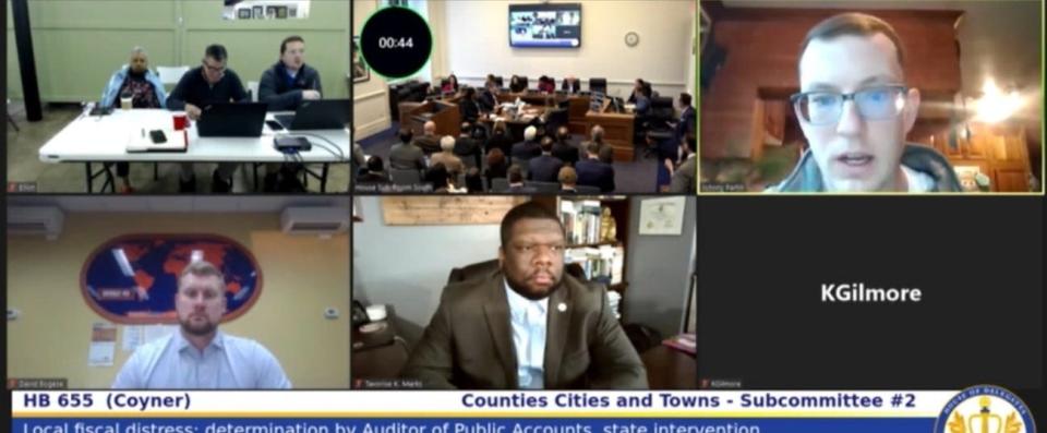 Hopewell Mayor Johnny Partin, top right, testifies remotely in support of fiscal-distress legislation Thursday, Feb. 1, 2024, before a subcommittee. Joining him remotely in support were local business owners David Bogese, lower left, and Tavorise Marks, lower center. Ward 1 Councilor Rita Joyner also offered support.