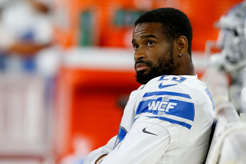 CLEVELAND, OH - AUGUST 29:  Darius Slay #23 of the Detroit Lions sits on the bench during a preseason game against the Cleveland Browns at FirstEnergy Stadium on August 29, 2019 in Cleveland, Ohio. Cleveland defeated Detroit 20-16. (Photo by Kirk Irwin/Getty Images)