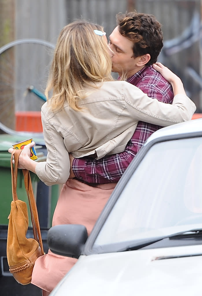 Kate Hudson and James Franco are seen locking lips on the set of the new movie "Good People" filming in London, England.