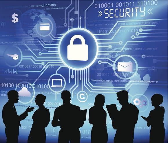 Six people silhouetted against a blue and white graphic featuring padlocks, dollar signs, computer code, and the word Security