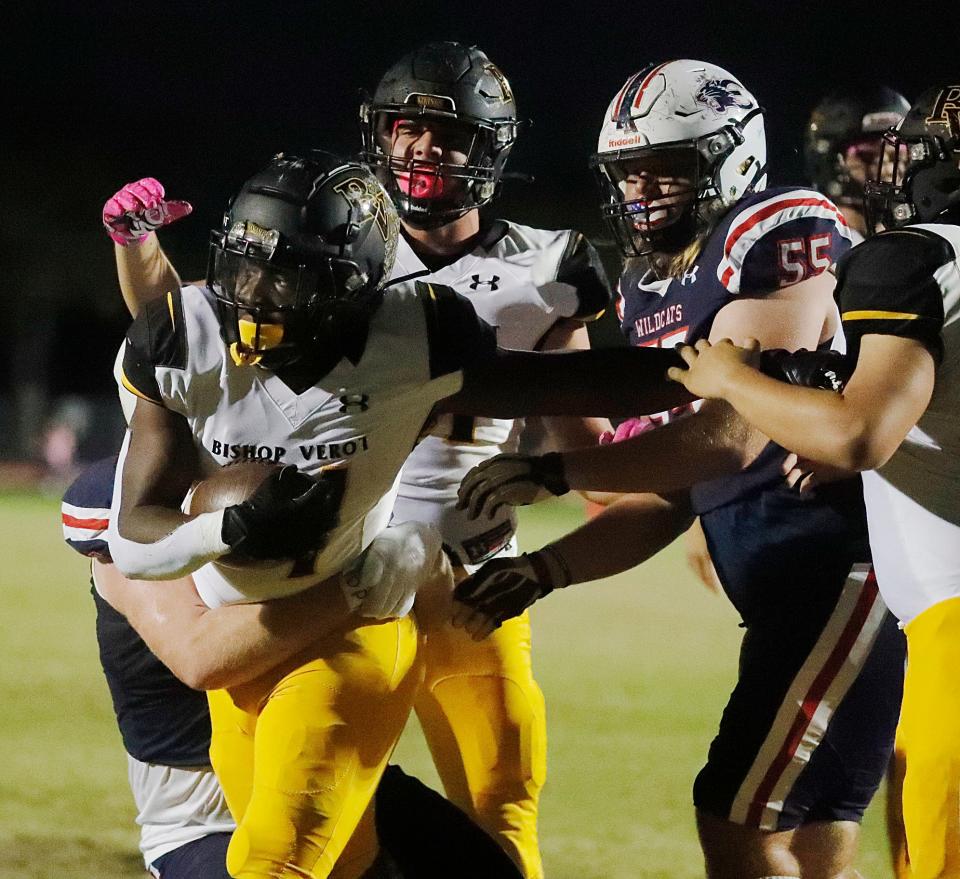 Verot rusher Deshon Jenkins Jr. scores a touchdown in the first quarter. The Bishop Verot Vikings visited the Estero High School Wildcats Friday, October 28, 2022 in a week 10 rivalry matchup.