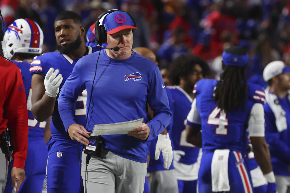 Buffalo Bills head coach Sean McDermott walks on the sidelines in the second half of an NFL football game against the Tampa Bay Buccaneers, Thursday, Oct. 26, 2023, in Orchard Park, N.Y. (AP Photo/Jeffrey T. Barnes)