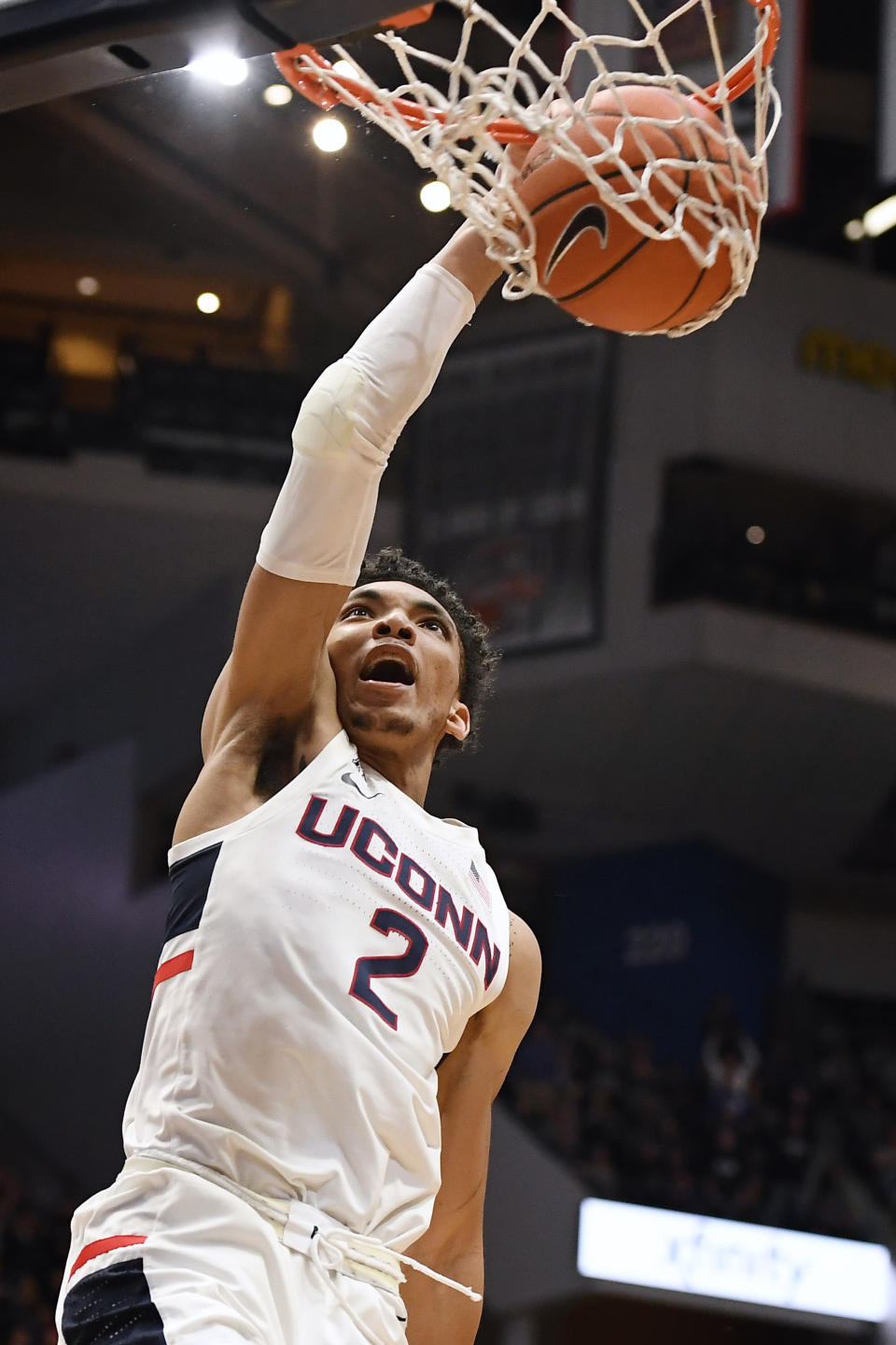 Connecticut's James Bouknight dunks in the second half of an NCAA college basketball game against Memphis, Sunday, Feb. 16, 2020, in Hartford, Conn. (AP Photo/Jessica Hill)