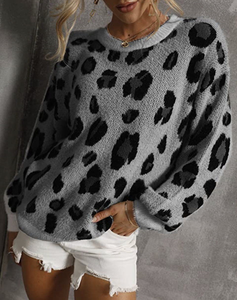 <p><a href="https://www.amazon.com/HZSONNE-Leopard-Sweater-Slouchy-Pullover/dp/B09SFYHTQ3/ref=asc_df_B07MP8DTDT/?tag=syn-yahoo-20&linkCode=df0&hvadid=333139711130&hvnetw=g&hvrand=11639995981513132392&hvdev=c&hvlocphy=9026795&hvtargid=pla-646516080945&th=1&psc=1&ascsubtag=%5Bartid%7C2164.g.33760885%5Bsrc%7Cyahoo-us" rel="nofollow noopener" target="_blank" data-ylk="slk:Shop Now;elm:context_link;itc:0;sec:content-canvas" class="link ">Shop Now</a></p><p>Leopard Crewneck Sweater</p><p>$28.99</p><p>amazon.com</p><span class="copyright">Amazon</span>