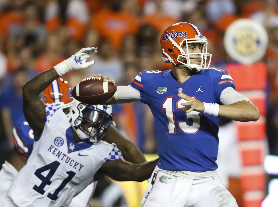 Kentucky linebacker Josh Allen (41) takes aim at Florida quarterback Feleipe Franks during the teams’ 2018 meeting in Gainesville.