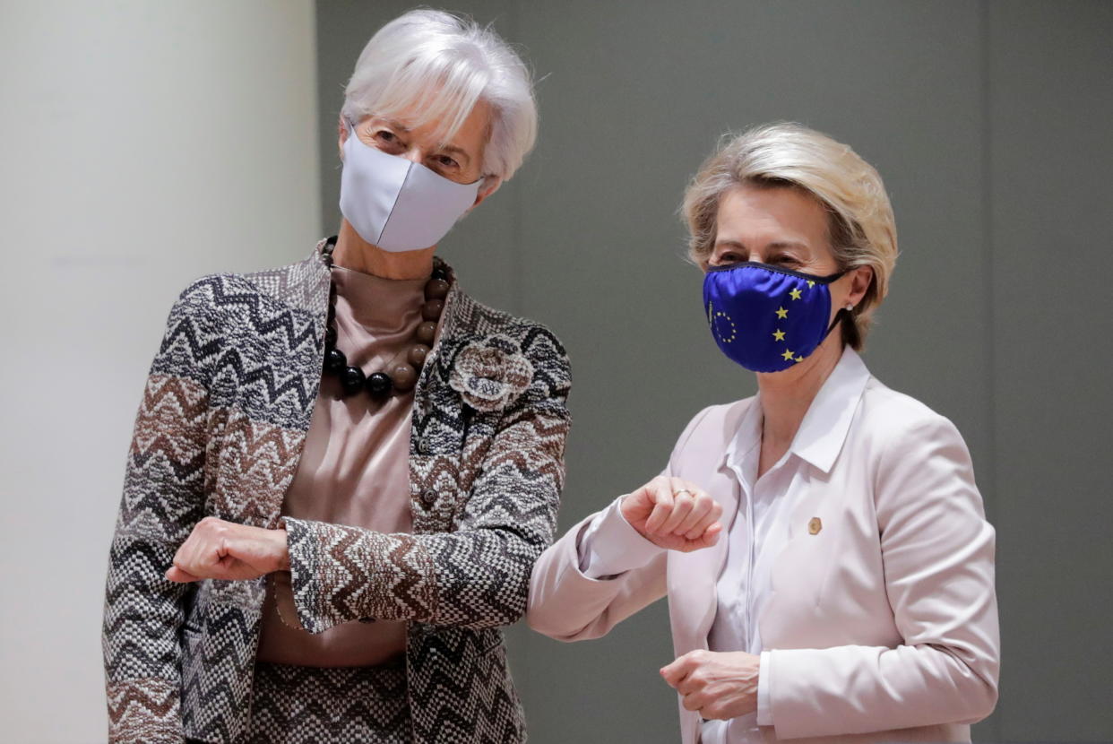 European Central Bank (ECB) President Christine Lagarde and European Commission President Ursula von der Leyen take part in a face-to-face EU summit amid the coronavirus disease (COVID-19) lockdown in Brussels, Belgium December 11, 2020. Olivier Hoslet/Pool via REUTERS