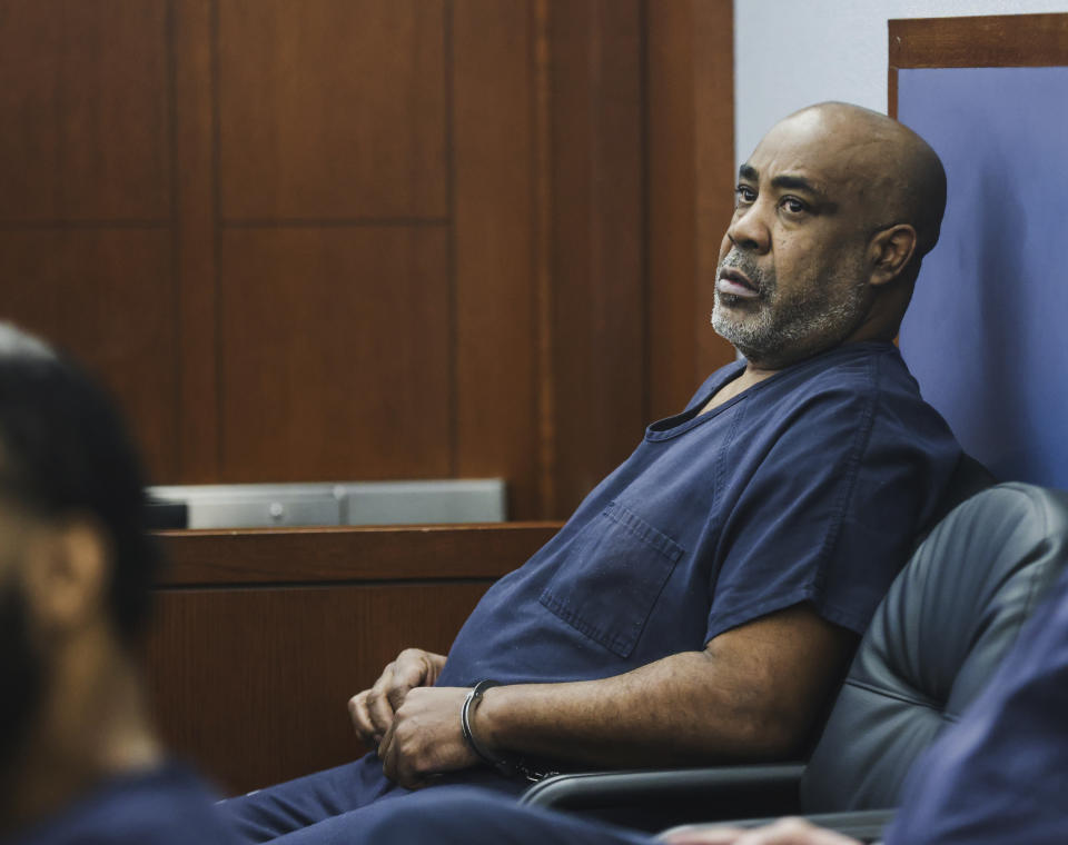 Duane “Keffe D” Davis, who is accused of orchestrating the 1996 slaying of hip-hop music icon Tupac Shakur, appears in court for a hearing at the Regional Justice Center in Las Vegas, Tuesday, Jan. 9, 2024. (Rachel Aston/Las Vegas Review-Journal via AP, Pool)