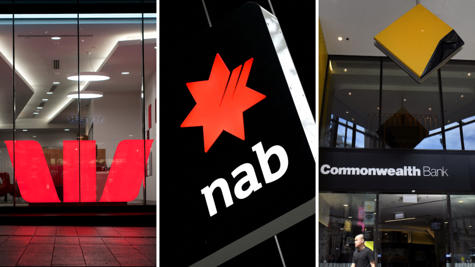 The logos of Westpac, NAB and CBA on the exterior of their respective bank branches.