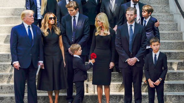 PHOTO: Former President Donald Trump, far left, and Melania Trump stand outside St. Vincent Ferrer Roman Catholic Church with family members Barron Trump, Ivanka Trump and Eric Trump, after the funeral for Ivana Trump in New York, July 20, 2022. (Julia Nikhinson/AP)