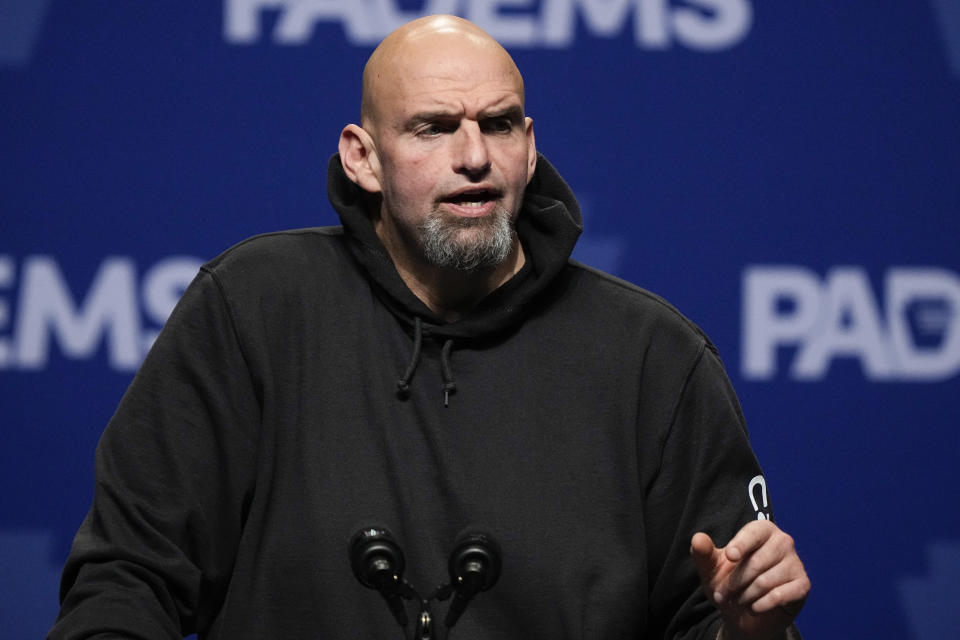 Pennsylvania Lt. Gov. John Fetterman, the Democratic candidate for U.S. Senate, speaks during the Pennsylvania Democratic Party's 3rd Annual Independence Dinner in Philadelphia, Friday, Oct. 28, 2022. (AP Photo/Matt Rourke)