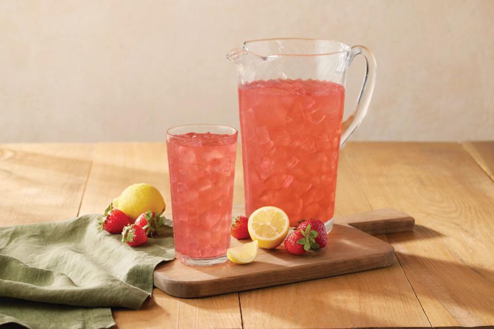 pitcher of cracker barrel strawberry lemonade, which comes with easter heat and serve meals