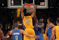 LOS ANGELES, CA - MAY 19: Andrew Bynum #17 of the Los Angeles Lakers dunks the ball over Kendrick Perkins #5 of the Oklahoma City Thunder in the third quarter in Game Four of the Western Conference Semifinals in the 2012 NBA Playoffs on May 19 at Staples Center in Los Angeles, California. NOTE TO USER: User expressly acknowledges and agrees that, by downloading and or using this photograph, User is consenting to the terms and conditions of the Getty Images License Agreement. (Photo by Stephen Dunn/Getty Images)